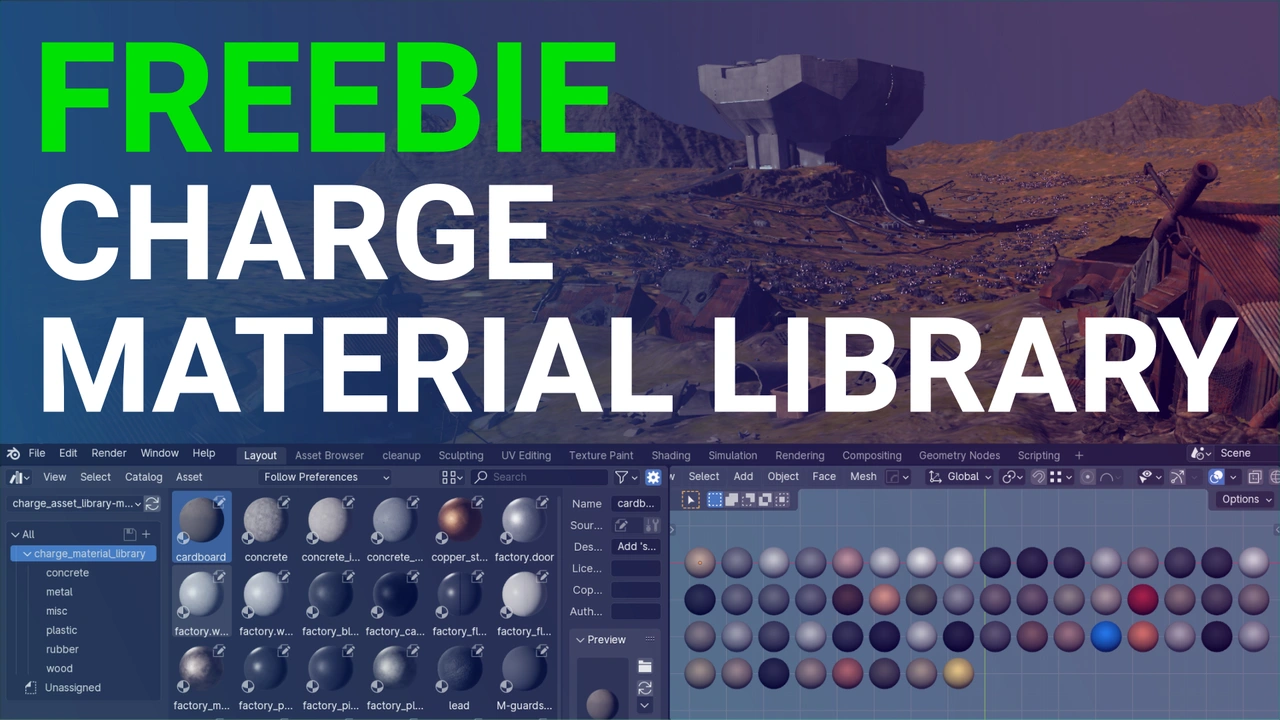 Blender Studio's Charge material-library preview, showing its industrial landscape and material swatches in the Asset Browser.
