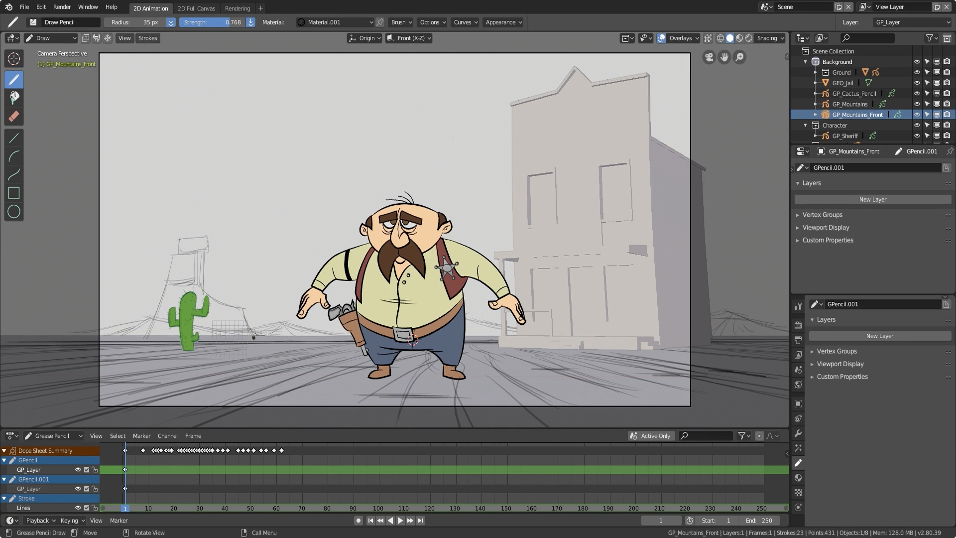 Matias Mendiola's Blender 2.8 Grease Pencil lesson, combining a drawn sheriff with a simple 3D building and sketched scenery.