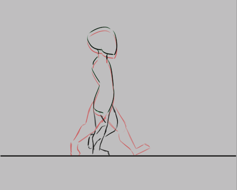 Krita manual walk-cycle illustration, with the current figure in dark lines and an adjacent pose visible as a red onion skin.