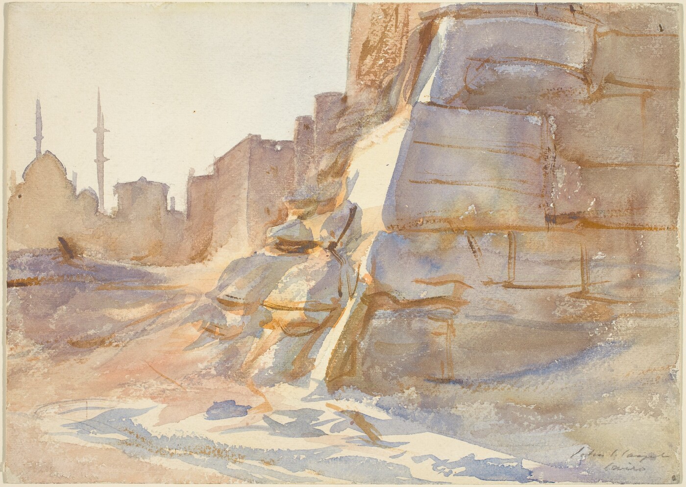 John Singer Sargent’s Cairo watercolor showing a large sunlit stone wall and distant minarets