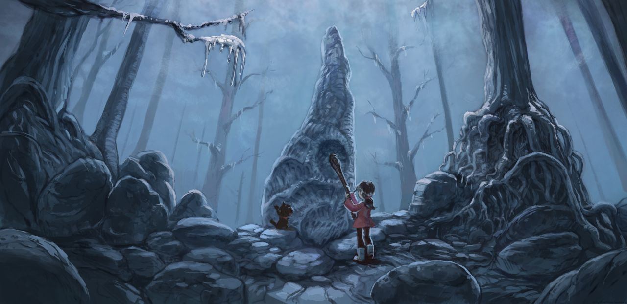 David Revoy's Spring concept painting of a girl and her dog beside a tall stone pillar in an icy forest.