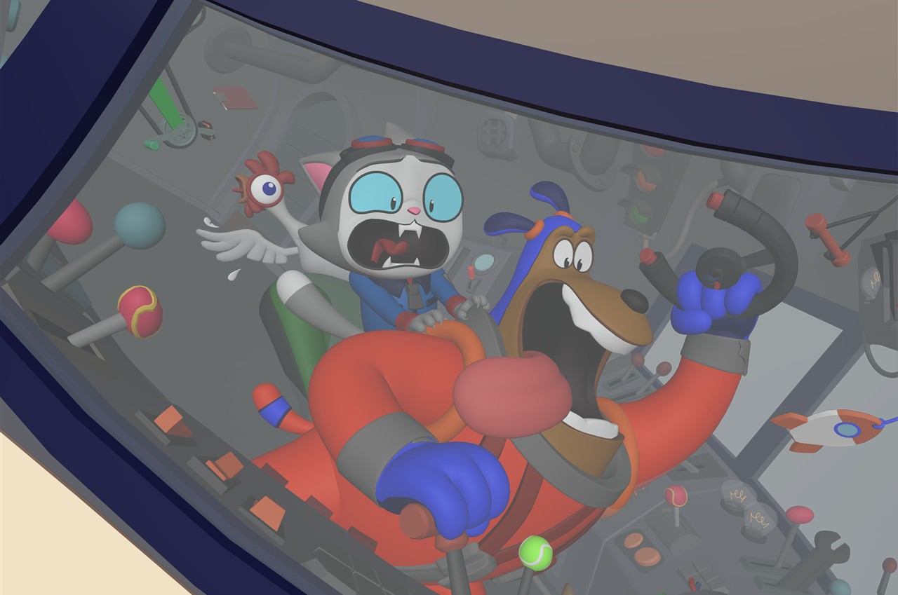 A production pose layout for Wing It!, with a frightened cat and an excited dog inside the rocket cockpit.