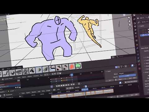 Blender Studio storyboarding demonstration with drawn characters and a sequence timeline