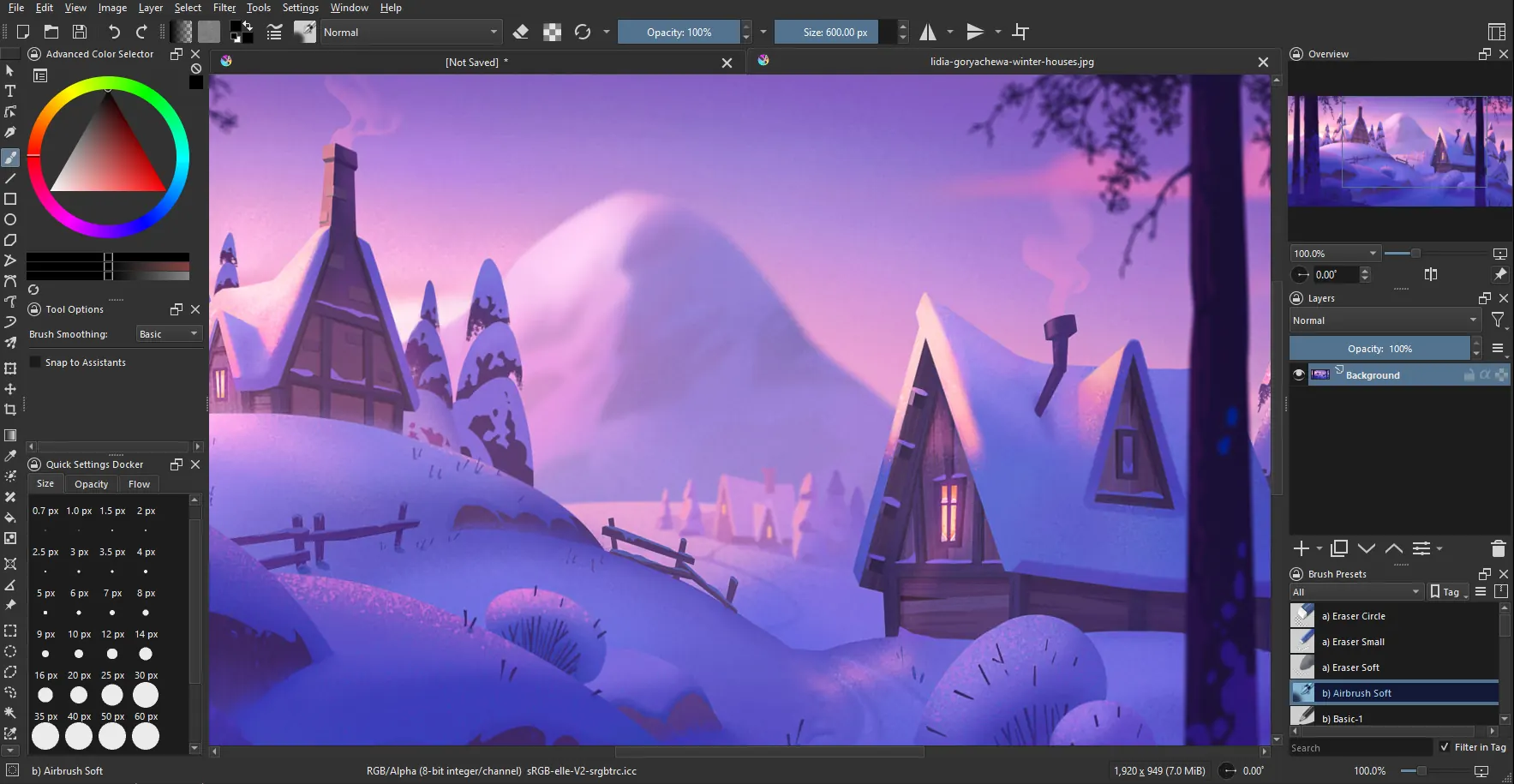 Krita desktop interface with a painted character and brush panels