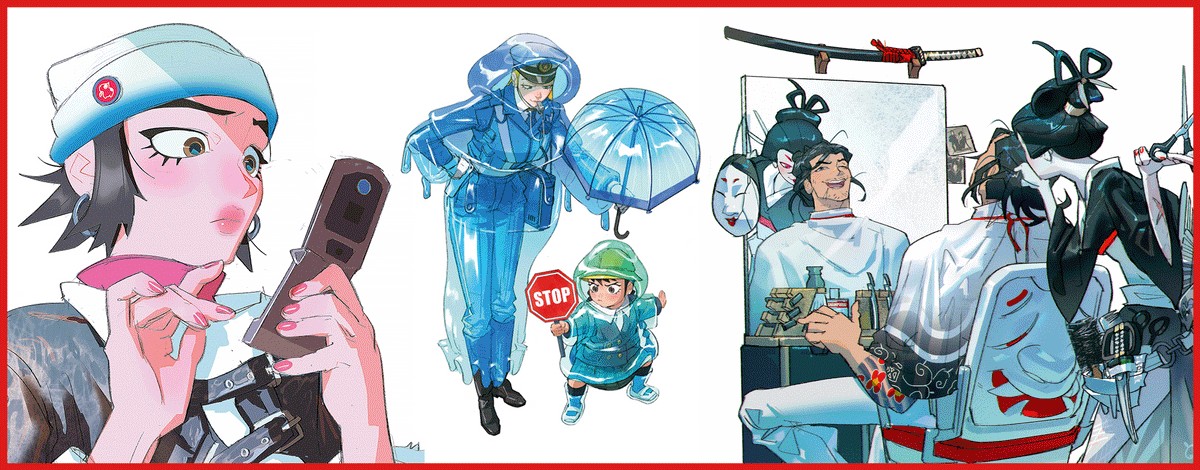 Ramón Núñez character montage: a woman with a flip phone, blue rainwear, a child holding a stop sign, and a stylised barbershop scene.